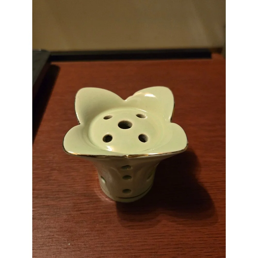 Vintage Celadon Green Ceramic Flower Frog Gold Trim Scalloped Floral Arranger